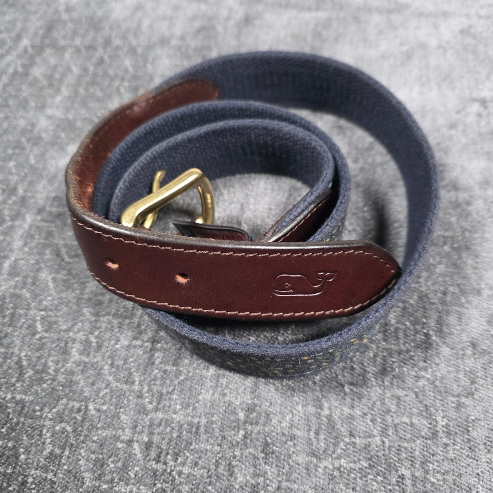 Vineyard Vines Mens Golf Club Canvas Leather Belt Navy Brown Size 40 Made In USA